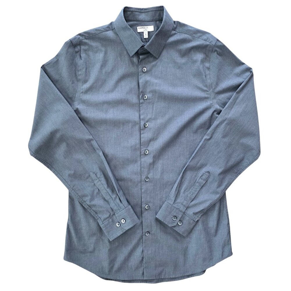 Express 1MX Charcoal Gray Fitted Long Sleeve Button Up Shirt Men Size M 15-15.5